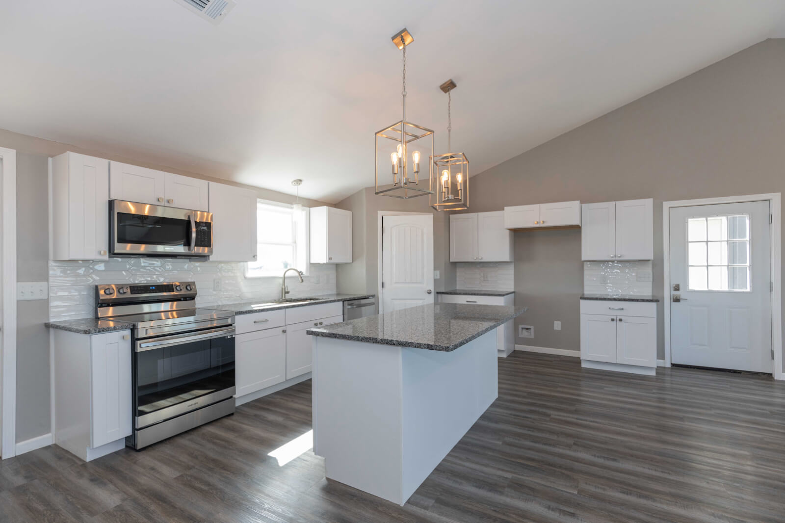 Grey kitchen walls with deals white cabinets